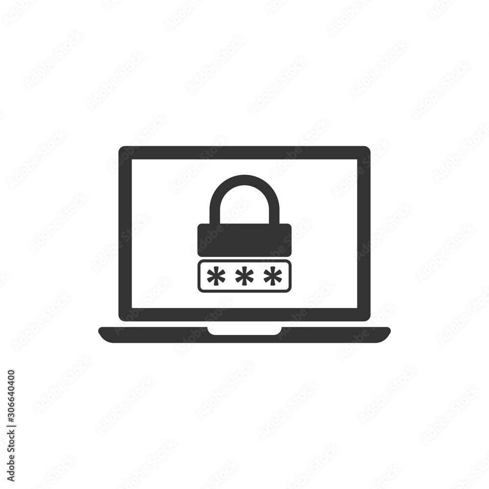 Poster laptop with password icon in flat style. computer access vector illustration on white isolated backg