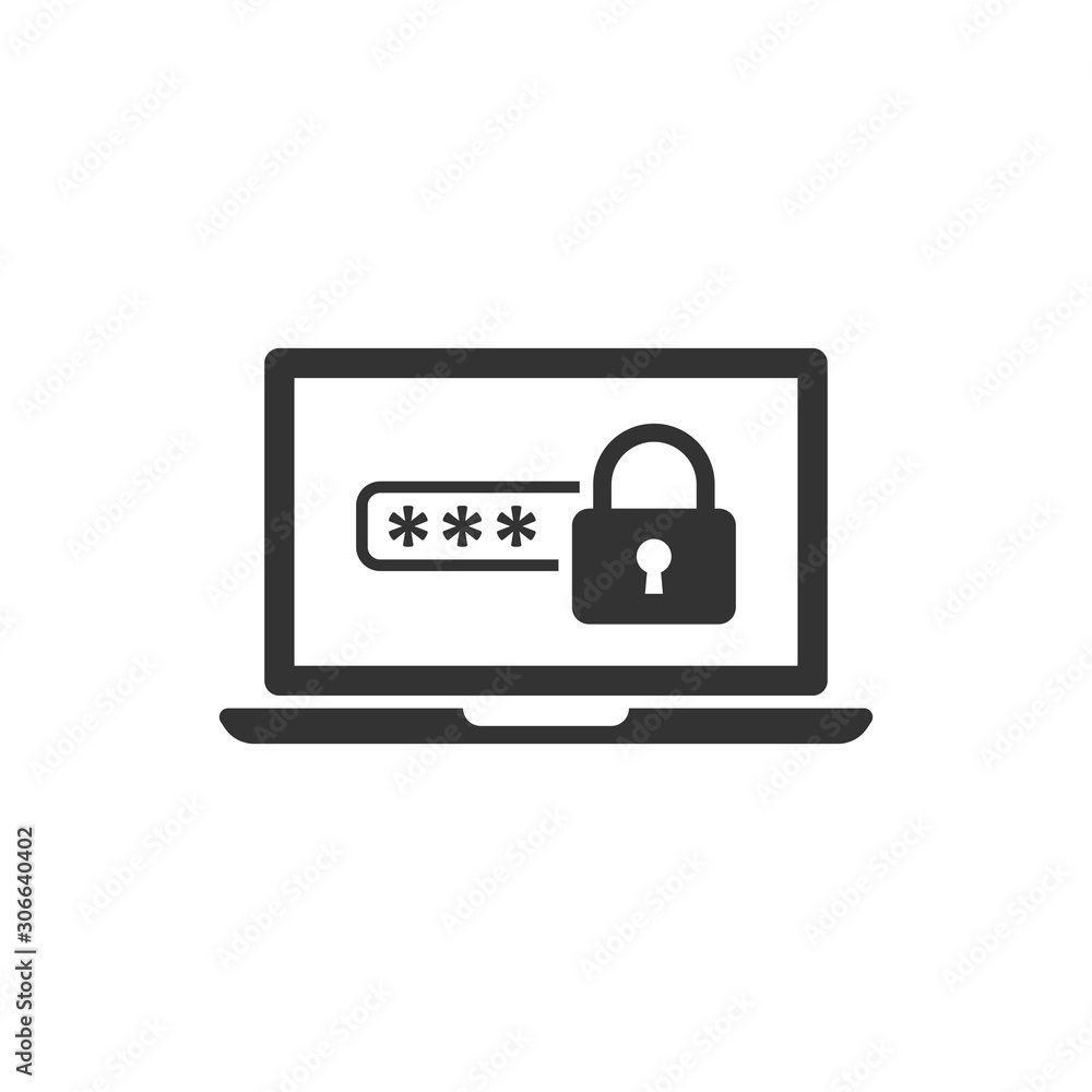 Poster laptop with password icon in flat style. computer access vector illustration on white isolated backg