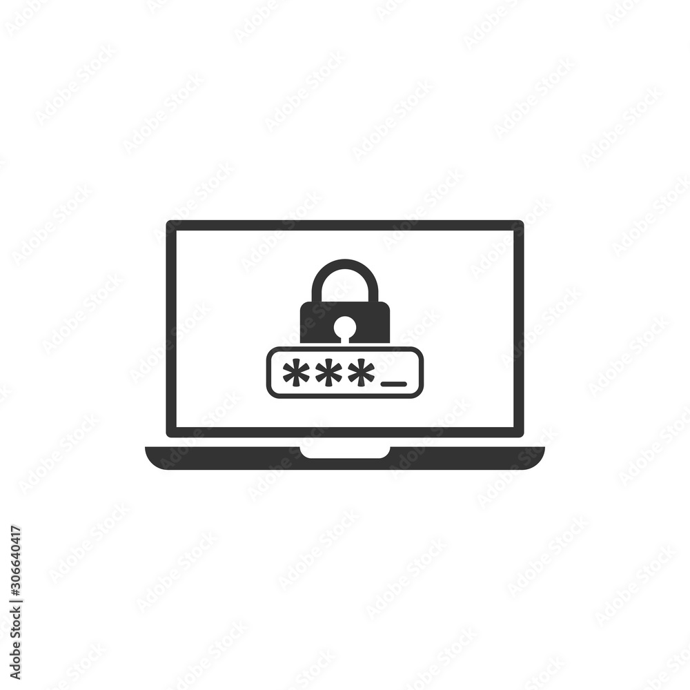 Poster laptop with password icon in flat style. computer access vector illustration on white isolated backg