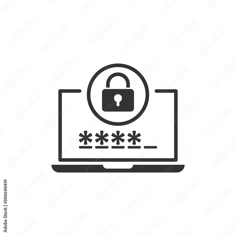 Poster laptop with password icon in flat style. computer access vector illustration on white isolated backg