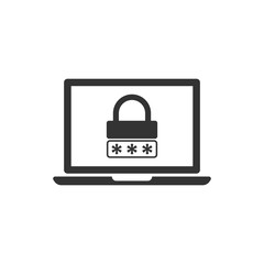 Laptop with password icon in flat style. Computer access vector illustration on white isolated background. Padlock entry business concept.