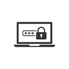 Laptop with password icon in flat style. Computer access vector illustration on white isolated background. Padlock entry business concept.