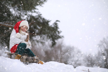 A winter fairy tale,in the forest. A girl on a sled with gifts on the eve of the new year in the park. Two sisters walk in a New Year's park and ride a sled with gifts.