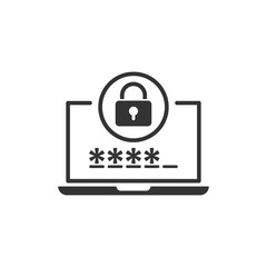 Laptop with password icon in flat style. Computer access vector illustration on white isolated background. Padlock entry business concept.