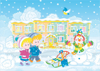 Fototapeta na wymiar Smiling little kids going to their nursery school and looking at a funny snowman on a snow-covered playground of a winter park on a beautiful snowy day, vector illustration in a cartoon style