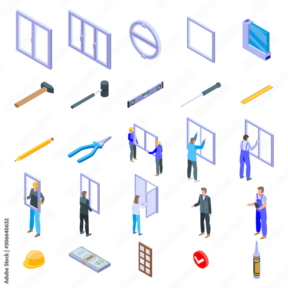 Poster window installation icons set. isometric set of window installation vector icons for web design isol