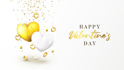 Happy Valentine's Day festive banner. Vector illustration with realistic flying golden hearts and confetti on white background. Holiday greeting card, horizontal poster.