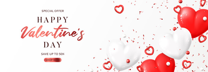 Happy Valentine's Day sale banner template. Vector illustration with realistic flying red and white hearts, balls and confetti on white background. Festive greeting card, horizontal promo banner.