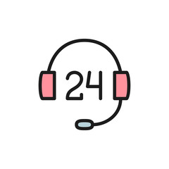 Vector 24 hours service support flat color icon.