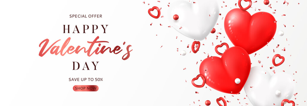Valentine's Day sale promo banner. Vector illustration with realistic flying red and white hearts, balls and confetti on white background. Festive greeting card, horizontal promo banner.