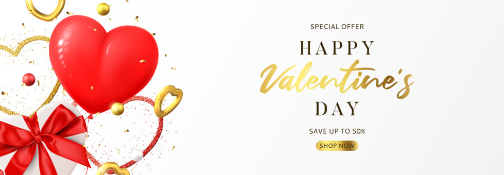 Holiday banner for Valentine's Day sale. Vector illustration with realistic air balloon, white gift box, gold hearts and confetti. Festive greeting background. Promo horizontal banner.