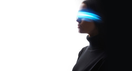 Woman portrait in VR helmet. Digital art. Female in glasses of virtual reality. Augmented reality,...