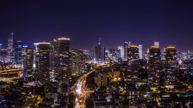 [Hyper Lapse] Tel Aviv city center at night, Israel, 4k aerial drone view 