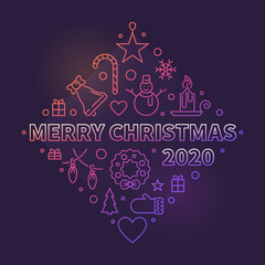 Vector Merry Christmas 2020 concept colored outline greeting card or illustration on dark background