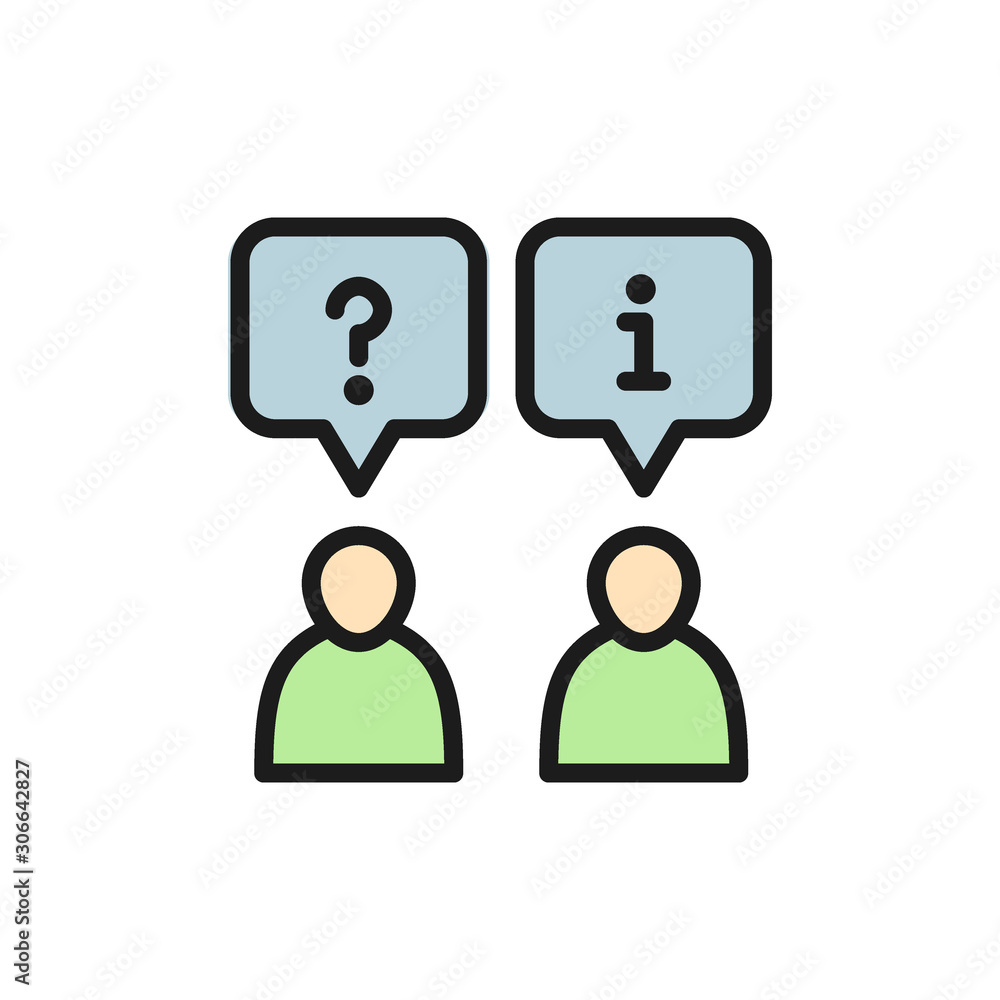 Poster client and employee with chat cloud, faq and answers flat color icon.