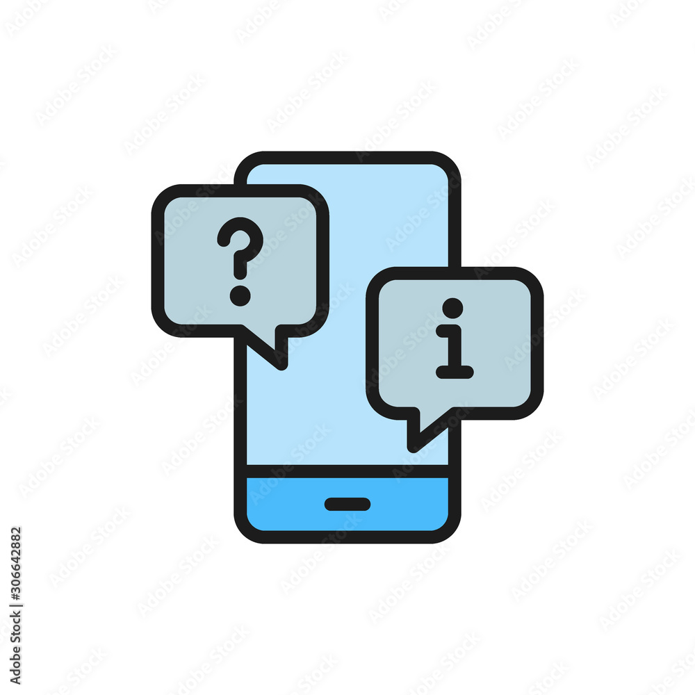 Poster smartphone with chat cloud, faq and answers flat color icon.