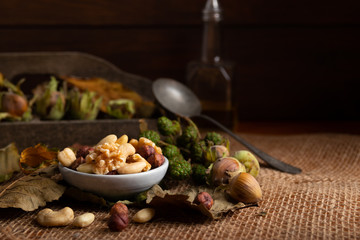 Variation of nuts on a autumn background