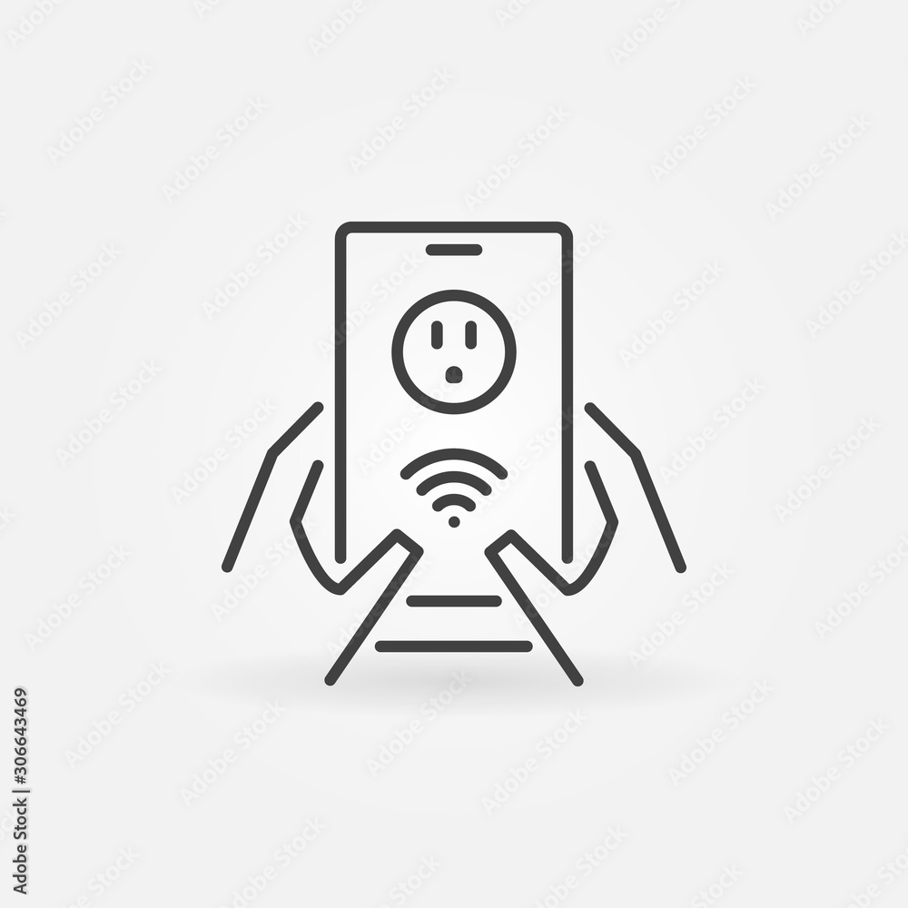 Poster Hands and Smartphone with US smart socket app vector outline icon