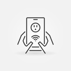 Hands and Smartphone with US smart socket app vector outline icon