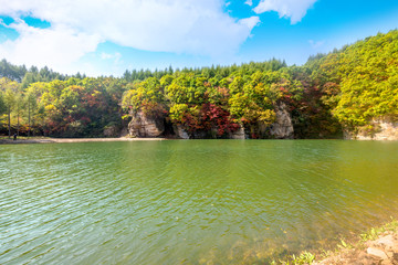 Autumn landscape of lakes and cliffs