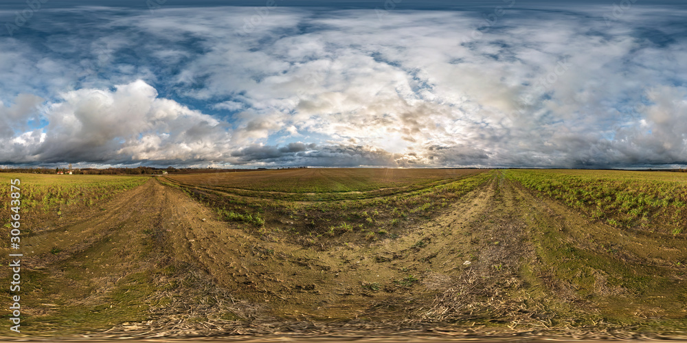 Wall mural full seamless spherical hdri panorama 360 degrees angle view among fields in autumn sunny evening wi