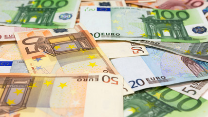 Money background. Big pile of euros. Background of paper banknotes.