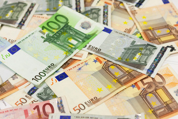 Money background. Big pile of euros. Background of paper banknotes.