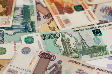 Money background. Big pile of rubles. Background of paper banknotes.