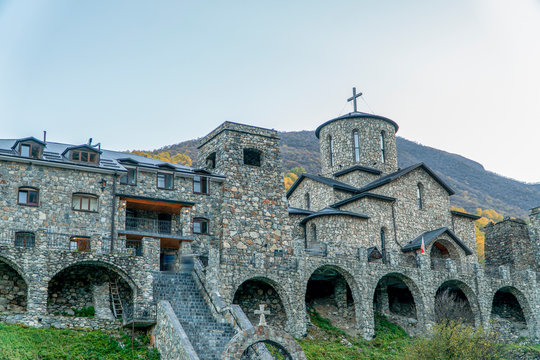 Russia, North Ossetia. Monastery in Fiagdon in the mountains in autumn