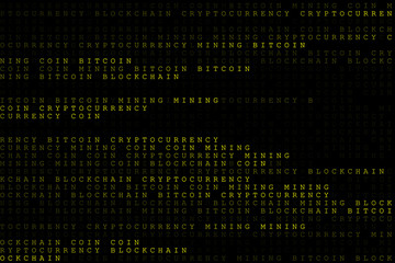 Technology digital background with word Coin, Bitcoin, Cryptocurrency, Blockchain and Mining in dark or black background in matrix falling style in horizontal oriontation.