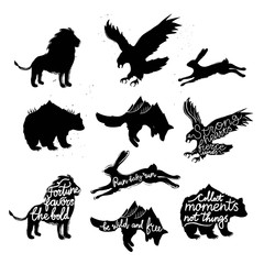 Vector collection of wild animal silhouettes. Bear, fox, eagle, hare and lion.