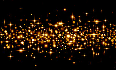 Fototapeta na wymiar Gold confetti on black background, holiday, Christmas, party, gold, circles, stars, bokeh, glitter, star Shine, lights