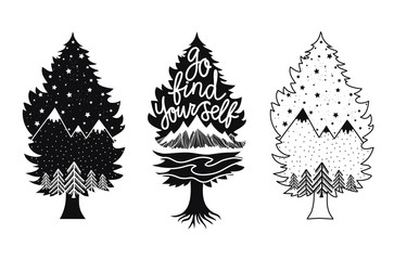 Obraz premium Vector illustration set with trees, stars, mountains and lettering quote Go find yourself.