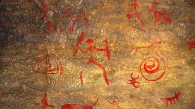 Cave paintings of primitive man. Ocher red paint. Hunters hunt deer, cock a food. Caveman, Neanderthal, drawings in the cave