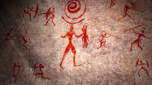 Ancient rock paintings show primitive people fighting and dancing animation. Aboriginal, Neanderthal, cave man. The Stone Age, the Ice Age. Science, anthropology.