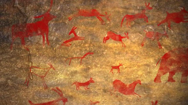Ancient rock paintings show primitive wild animals animation. Aboriginal, Neanderthal, cave man. The Stone Age, the Ice Age. Science, anthropology.