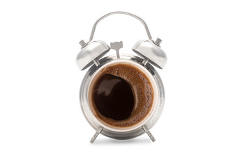 Coffee break concept. coffe in retro alarm clock