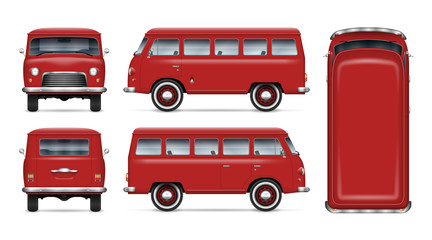 Old red van vector mockup on white background. Isolated mini bus view from side, front, back and top. All elements in the groups on separate layers for easy editing and recolor