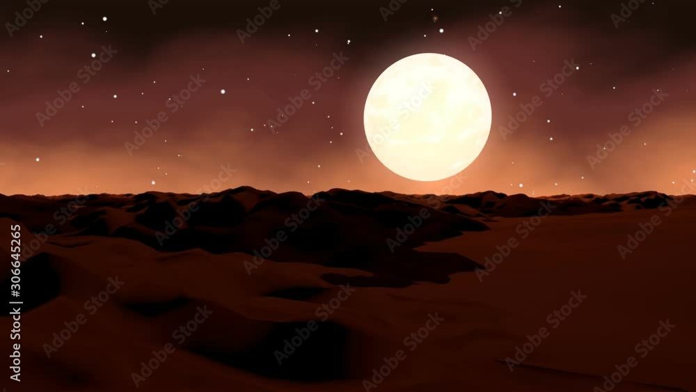 Poster 3d rendering of an abstract landscape on planet mars with a shaky camera and a planet and starfield 