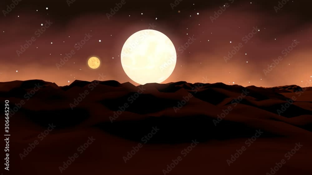 Poster mars landscape, 3d render animation of imaginary mars planet terrain and planets and starfield in a 