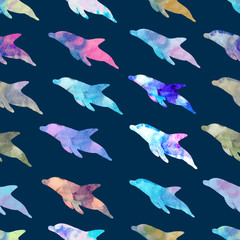 Dolphins on the abstract background. Watercolor splashes.