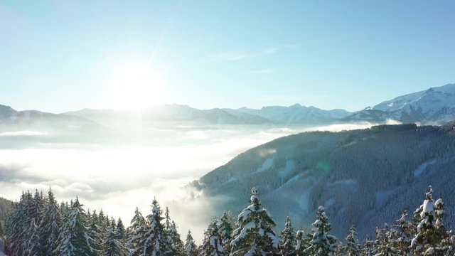 A Rise Over Trees On A Sunny Day In Zell Am See, Austria In Winter.