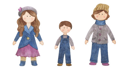 Watercolor handmade doll. Set with the cartoon girls. A good illustration for a sticker, a logo, a business card or a postcard. Doll, handmade, children's doll, interior doll.