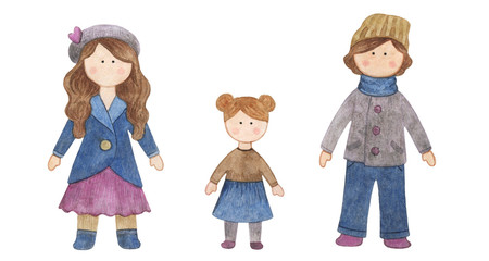 Watercolor handmade doll. Set with the cartoon girls. A good illustration for a sticker, a logo, a business card or a postcard. Doll, handmade, children's doll, interior doll.