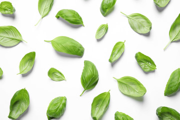 Fresh green basil leaves on white background, top view