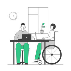 Disabled Young Woman in Wheelchair Working in Office with Healthy Colleague. Job for People with Physical Disability. Handicapped Girl Work Employment. Cartoon Flat Vector Illustration, Line Art