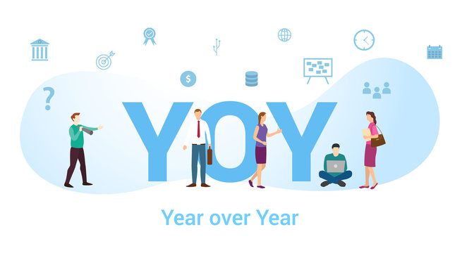 yoy year over year concept with big word or text and team people with modern flat style - vector