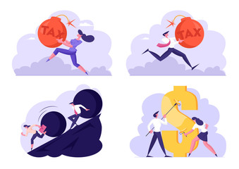 Set of Businesspeople Tax Payment, Escape of Huge Rolling Rock, Painting Golden Dollar Sign with Rollers. Business Troubles, Debt, Finance Success and Failure Concept. Cartoon Flat Vector Illustration
