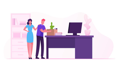 Career Failure, Dismissal Concept. Sad Worker Put Belongings in Box. Fired Employee Leaving Office with Things in Cardboard Package, Colleague Woman Supporting Man. Cartoon Flat Vector Illustration