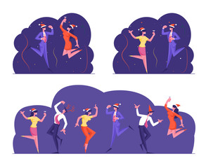 Set Happy Business Colleagues Managers Team in Santa Hats Celebrating Christmas Party Holiday in Office. People Drinking Cocktails, Dancing and Jumping with Hands Up. Cartoon Flat Vector Illustration